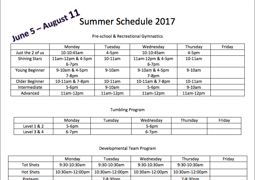 Summer 2017 Schedule