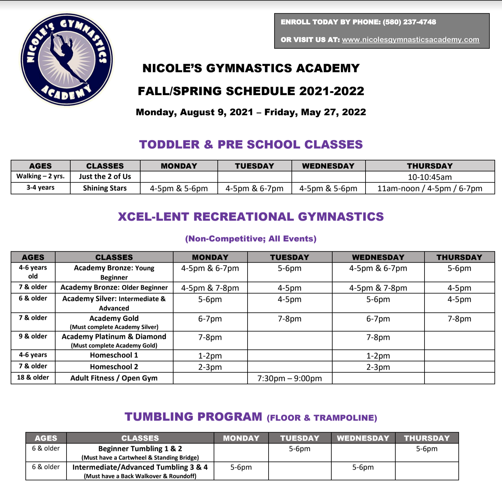 Nicole's Gymnastics Academy Fall/Spring Schedule 2021-2022.